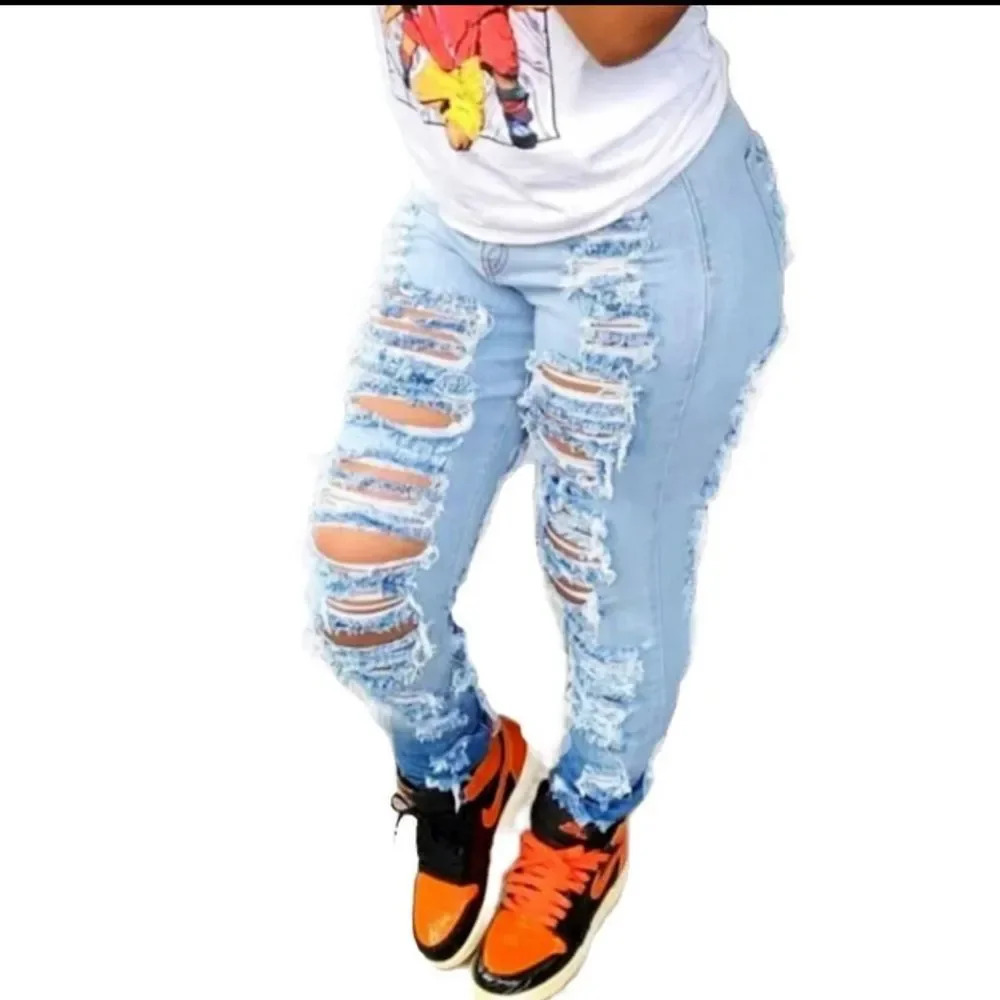 Distressed Skinny Jeans Blue Medium Ripped - Picture 4 of 10